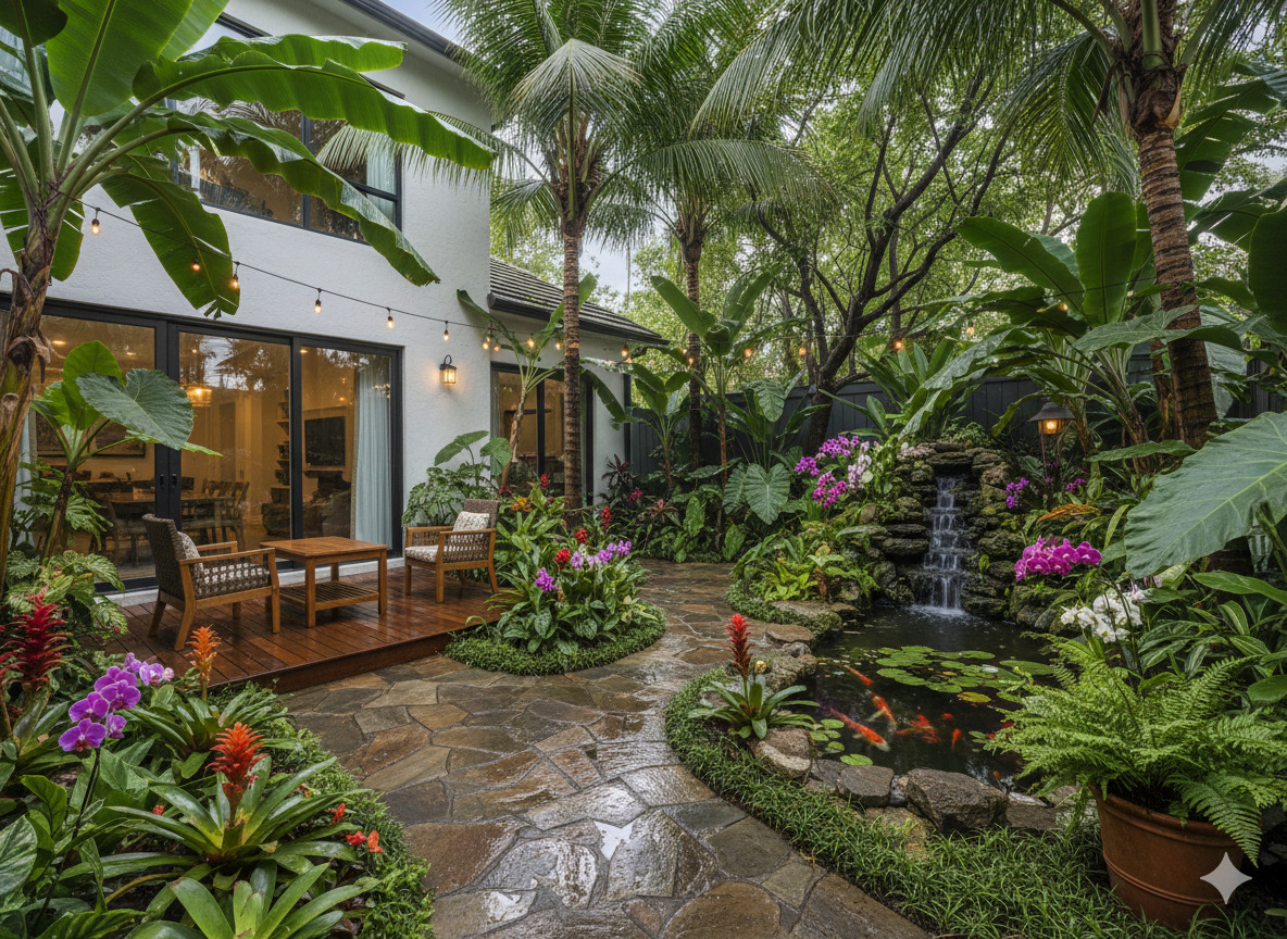 Transformación de jardín residencial con diseño tropical